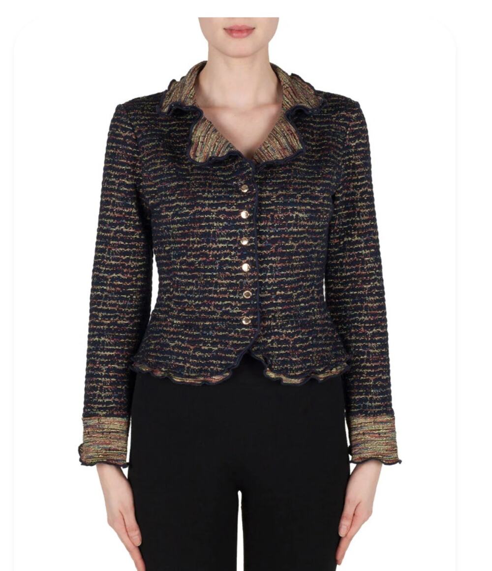 Joseph Ribkoff Ruffled Collar Cropped Jacket Navy Multi Size 6